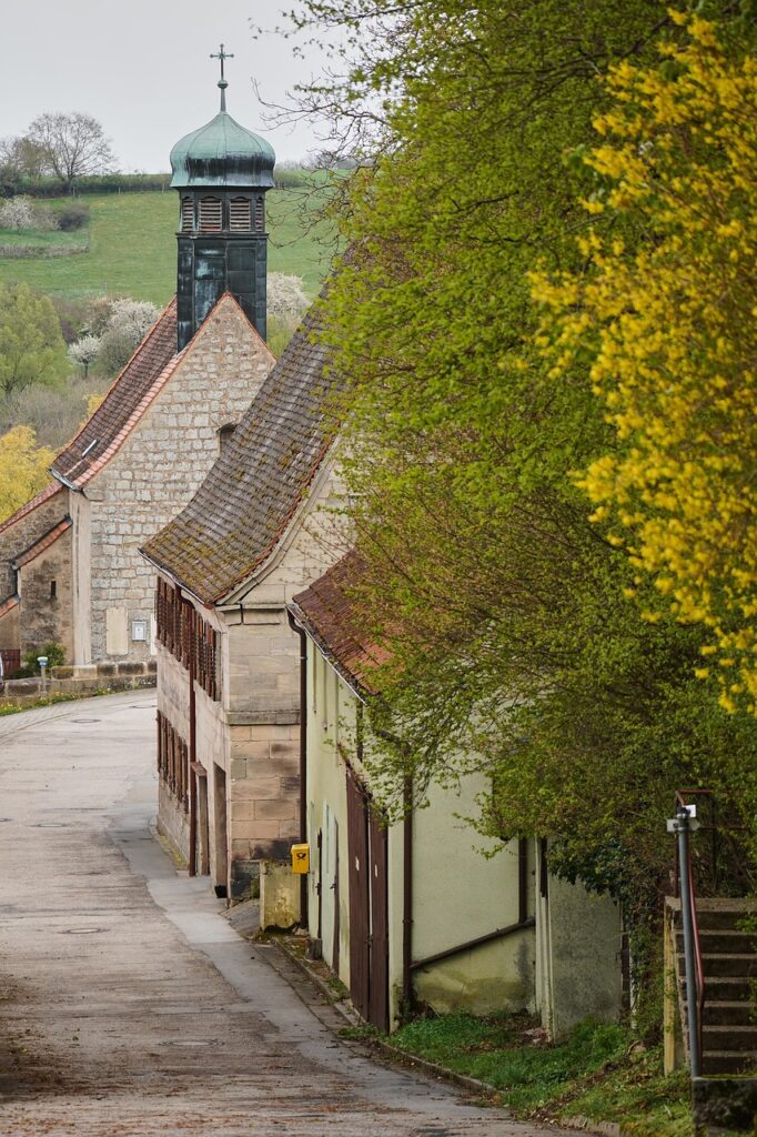 village, church, architecture, nature, village square, spring, chapel, town center, sandstone, houses, old town